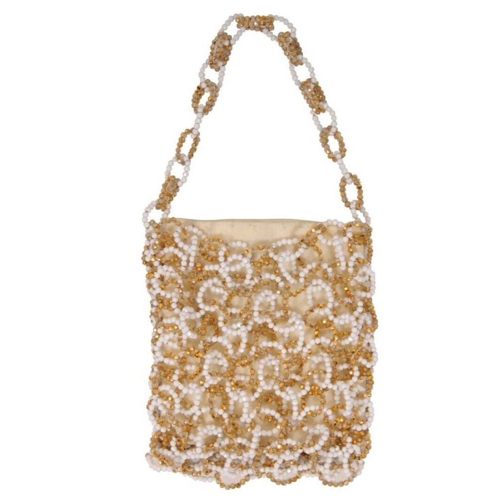 Daniel Swarovski Womens Vintage Mini Shoulder Tote Bag Gold White Beaded Purse